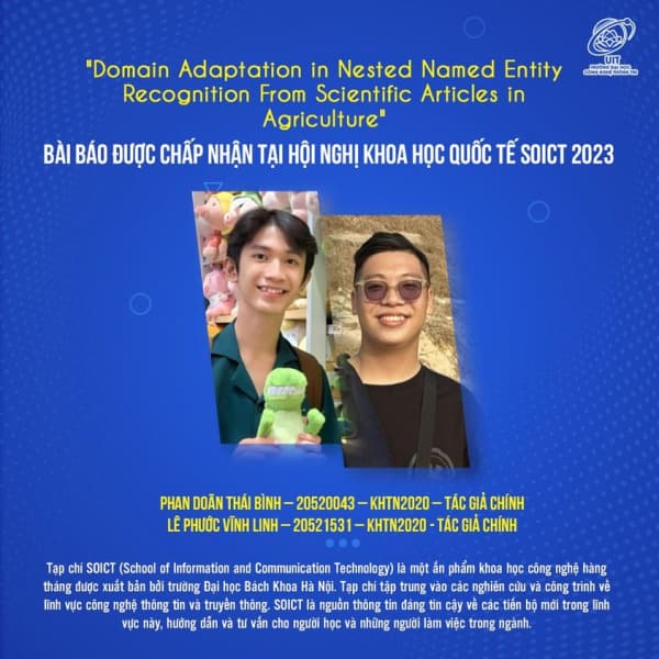 Two talented students, Phan Doãn Thái Bình and Lê Phước Vĩnh Linh, from the Faculty of Computer Science, have had their scientific paper accepted for publication at the SOICT 2023 scientific conference.