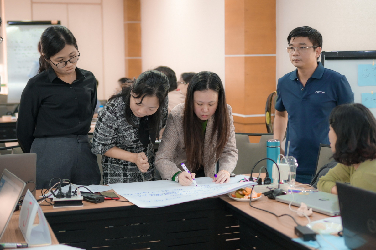A group of people looking at a piece of paper

Description automatically generated