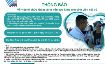 The Dormitory Management Center of Viet Nam National University Ho Chi Minh City announces the organization of health check-ups and consultations for resident students.